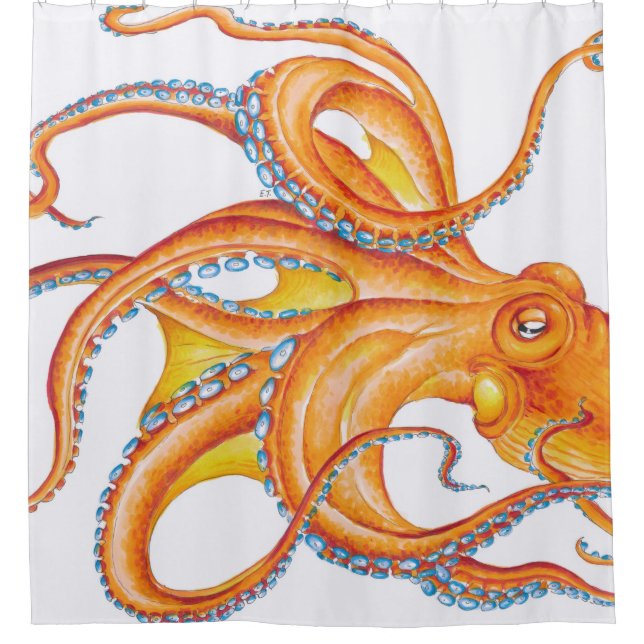Orange red Octopus Ink Art Dance Shower Curtain (Front)