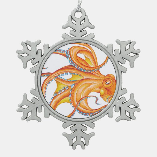 Orange red Octopus Ink Art Dance Snowflake Pewter Christmas Ornament (Front)