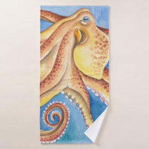 Orange Red Octopus Watercolor Ink Bath Towel Set