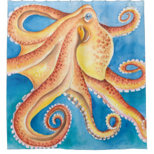 Orange Red Octopus Watercolor Ink Shower Curtain