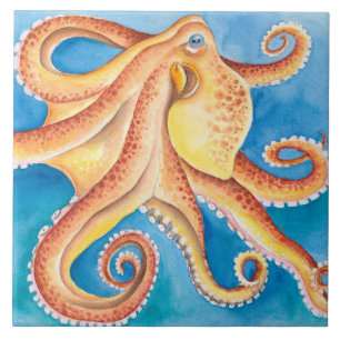 Orange Red Octopus Watercolor Ink Tile
