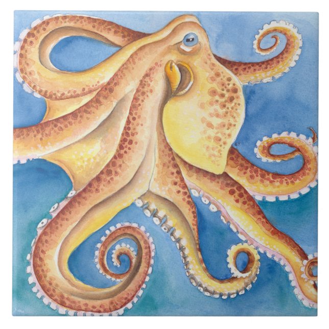 Orange Red Octopus Watercolor Ink Tile (Front)