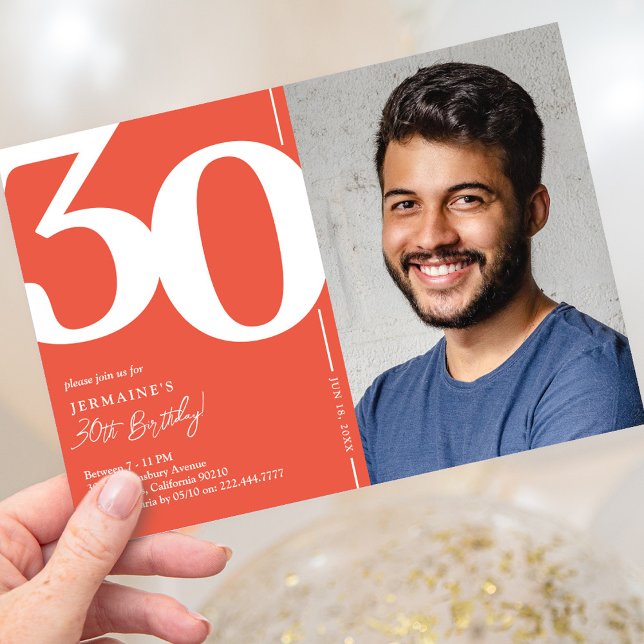 Orange Red Photo 30th Birthday Party Invitation (Creator Uploaded)