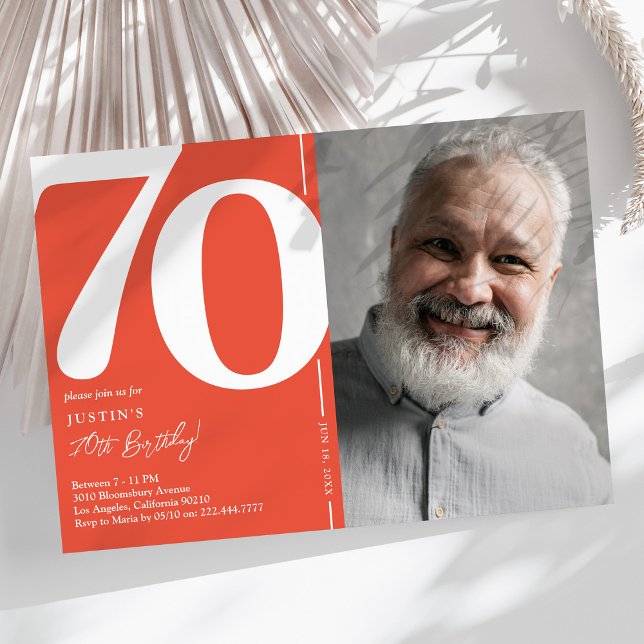 Orange Red Photo 70th Birthday Party Invitation (Creator Uploaded)