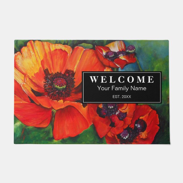 Orange Red Poppies Floral Botanical Doormat (Front)