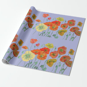 Orange Red Poppies Mauve Purple Watercolor Wrapping Paper