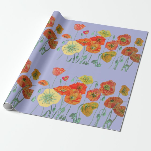 Orange Red Poppies Mauve Purple Watercolor Wrapping Paper (Unrolled)