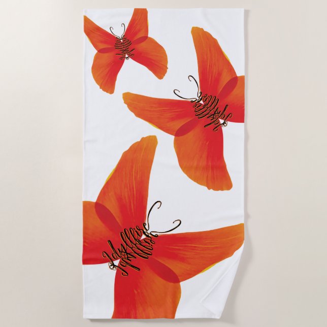 Orange Red Poppy Butterflies with Three Names Beach Towel (Front)
