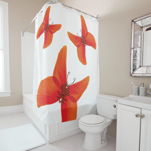 Orange Red Poppy Butterflies with Three Names Shower Curtain (In Situ)