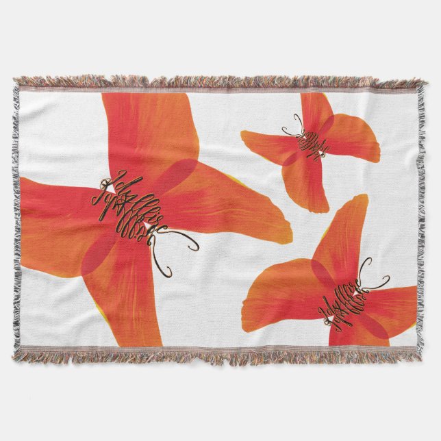 Orange Red Poppy Butterflies with Your Name Throw Blanket (Front)