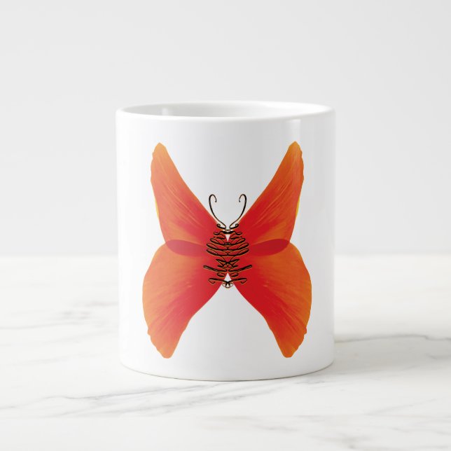 Orange Red Poppy Butterfly with Your Name Large Coffee Mug (Front)