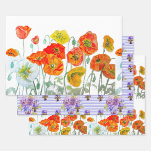 Orange Red Poppy Flower Pansy Purple Watercolor Wrapping Paper Sheet