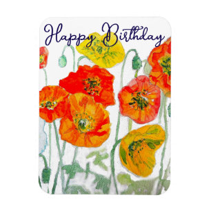 Orange Red Poppy Flower Pattern Happy Birthday Magnet