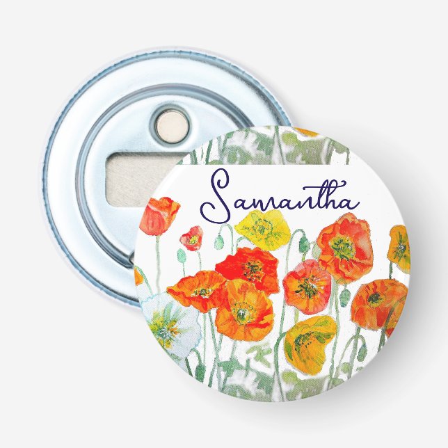 Orange Red Poppy Flower Pattern Thank You Bottle Opener (Front)