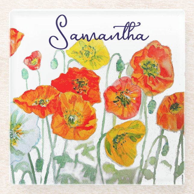 Orange Red Poppy Flower Pattern Thank You Glass Coaster (Front)