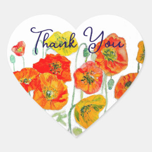 Orange Red Poppy Flower Pattern Thank You Heart Sticker