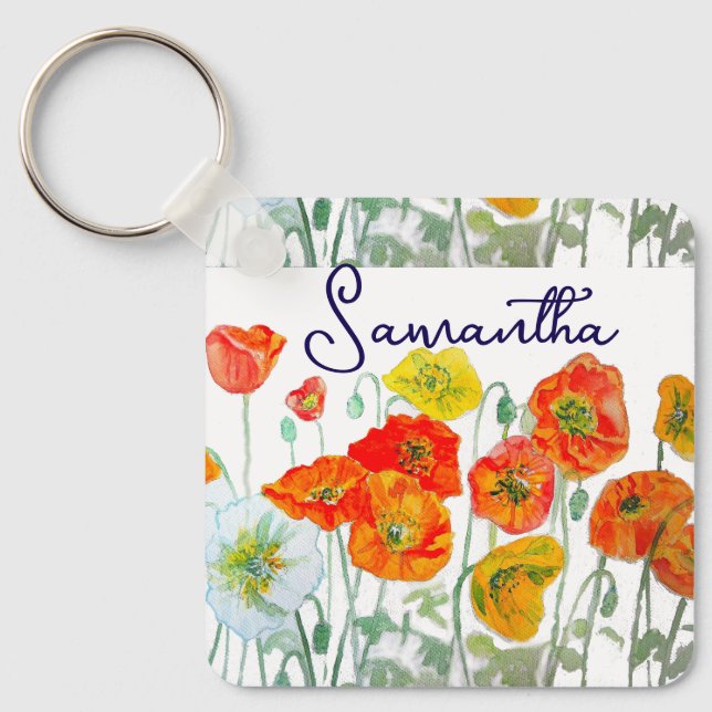 Orange Red Poppy Flower Pattern Thank You Key Ring (Front)