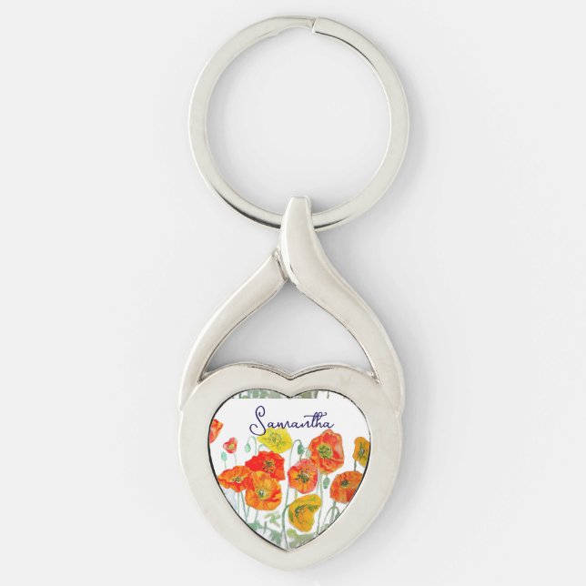 Orange Red Poppy Flower Pattern Thank You Key Ring (Front)
