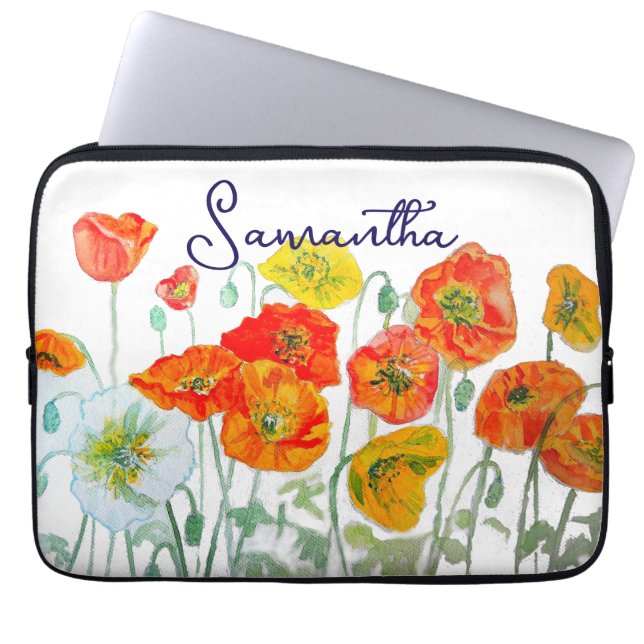 Orange Red Poppy Flower Pattern Thank You Laptop Sleeve (Front)