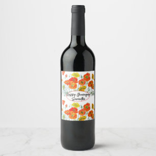 Orange Red Poppy Flower Watercolor Anniversary Wine Label