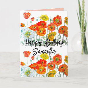 Orange Red Poppy Flower Watercolor Birthday Card