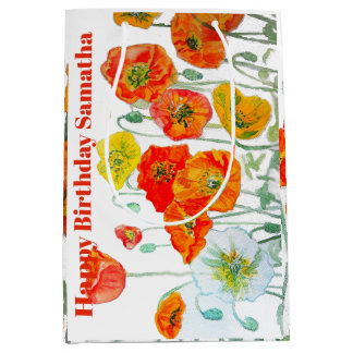 Orange Red Poppy Flower Watercolor Womans BIrthday Medium Gift Bag