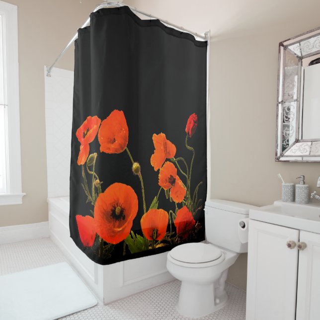 Orange Red Poppy Flowers Floral Bathroom Decor Shower Curtain (In Situ)