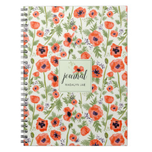 Orange Red Poppy Flowers Watercolor Pattern Notebook