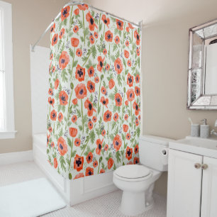 Orange Red Poppy Flowers Watercolor Pattern Shower Curtain
