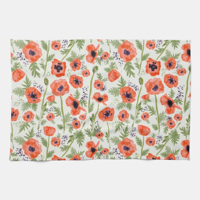 Orange Red Poppy Flowers Watercolor Pattern Tea Towel (Horizontal)