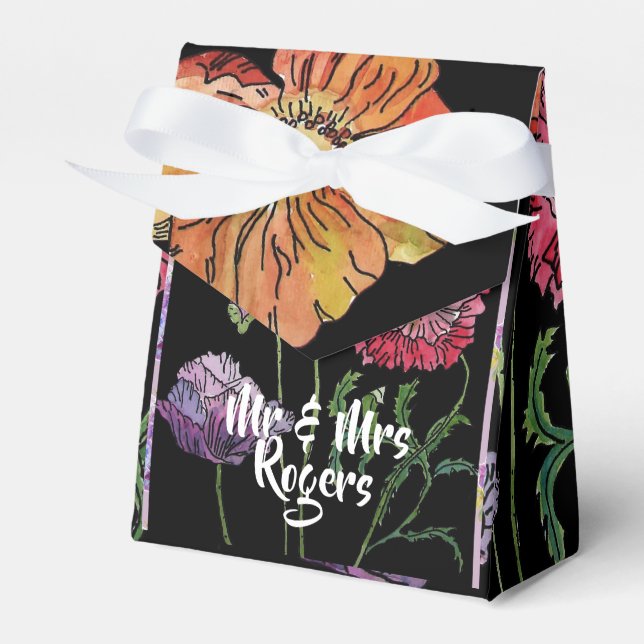 Orange Red Poppy on Black floral Wedding Cake Box (Front Side)
