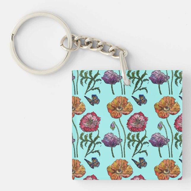Orange Red Poppy Poppies Floral Aqua Key Ring (Front)