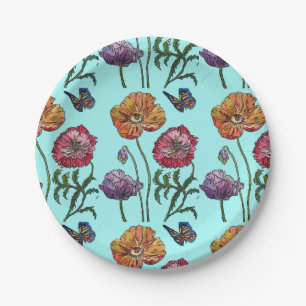 Orange Red Poppy Poppies Floral Aqua Paper Plate
