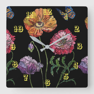 Orange Red poppy Poppies Floral Watercolor Black Square Wall Clock