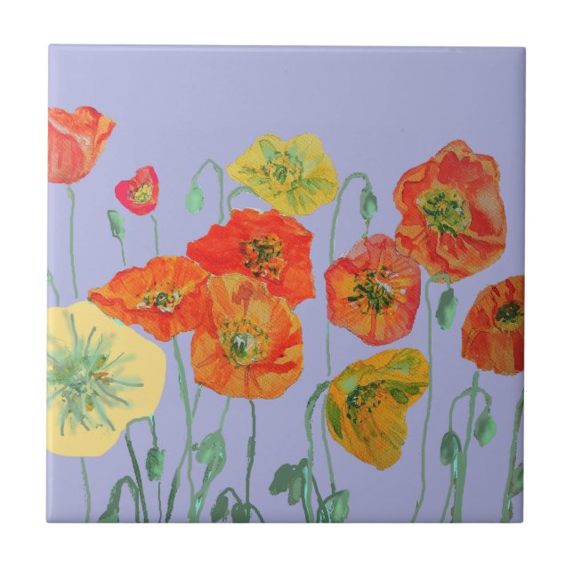 Orange Red Poppy Poppies Watercolor Flower Purple Tile (Front)