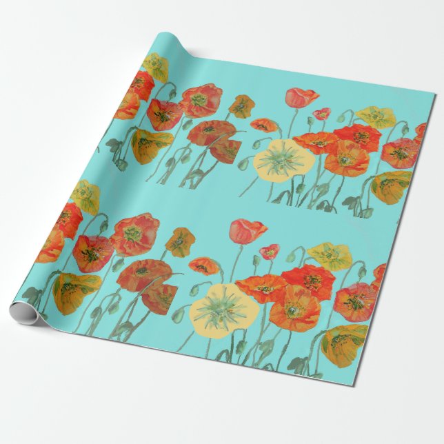 Orange Red Poppy Poppies Watercolor Wrapping Paper (Unrolled)