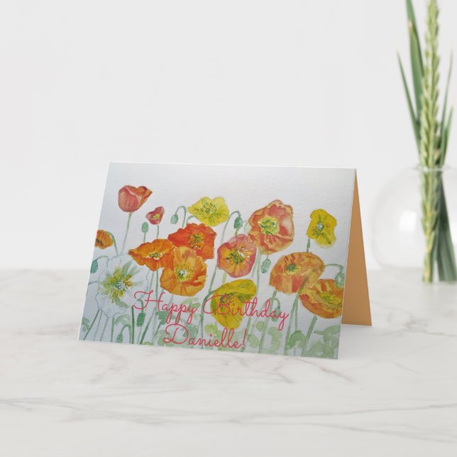 Orange Red Poppy Watercolour Happy Birthday Card (Front)