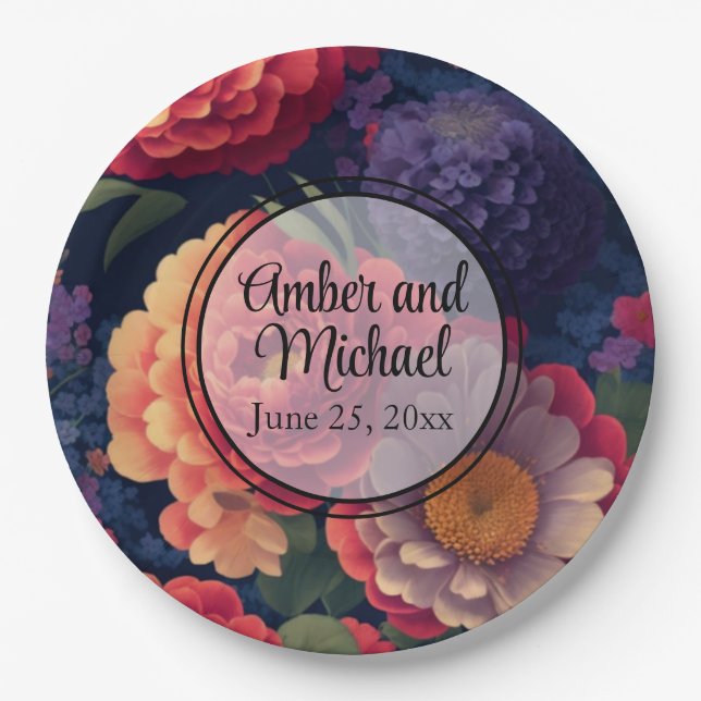 Orange red purple floral elegant calligraphy  paper plate (Front)