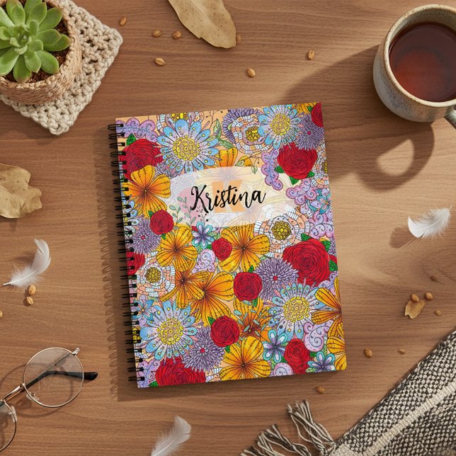 Orange Red Purple Garden Doodle Flowers  Notebook (Creator Uploaded)