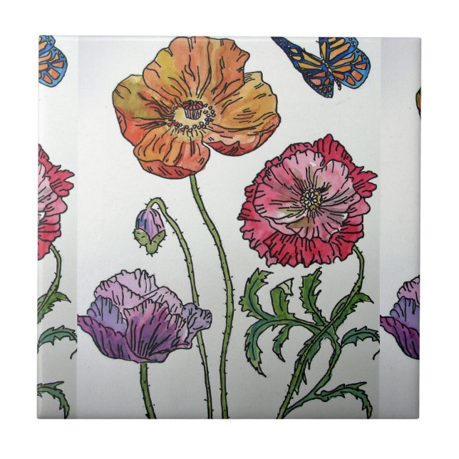 Orange Red Purple Poppy Watercolor Flower Pattern Tile (Front)