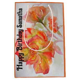 Orange Red Rose Flower Watercolor Womans BIrthday Medium Gift Bag