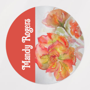 Orange Red Rose Flower Watercolor Womans Name Tag