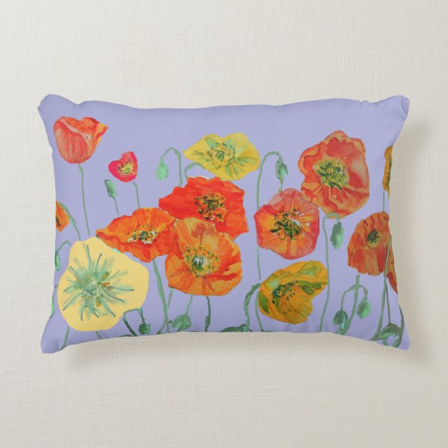 Orange Red Shabby Poppy Poppies Lavender Purple Decorative Cushion (Front)