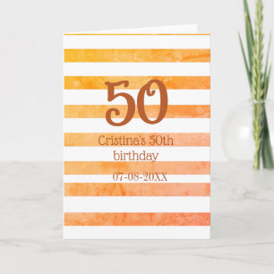 Orange red striped 50th birthday brown name retro card