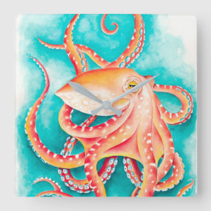 Orange Red Tentacles Octopus Watercolor Square Wall Clock