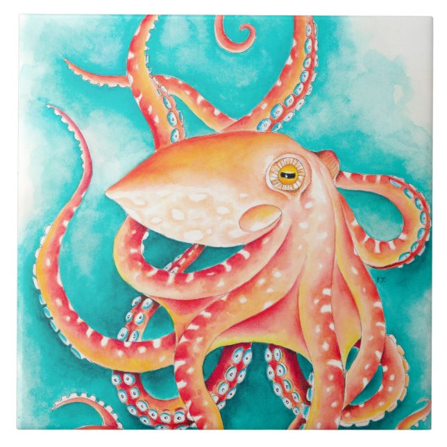 Orange Red Tentacles Octopus Watercolor Tile (Front)