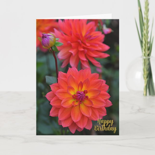 Orange, Red, Yellow Dahlia Flower Happy Birthday Card (Front)