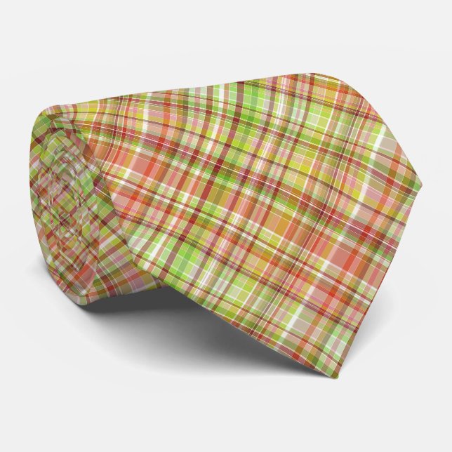 Orange Red Yellow Lime Green Gingham Plaid Pattern Tie (Rolled)