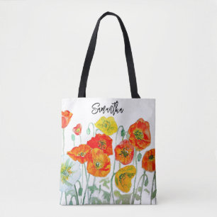 Orange Red Yellow Poppy Watercolor Art White Tote Bag