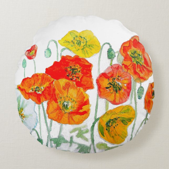 Orange Red Yellow Poppy Watercolor Cushion White (Front)